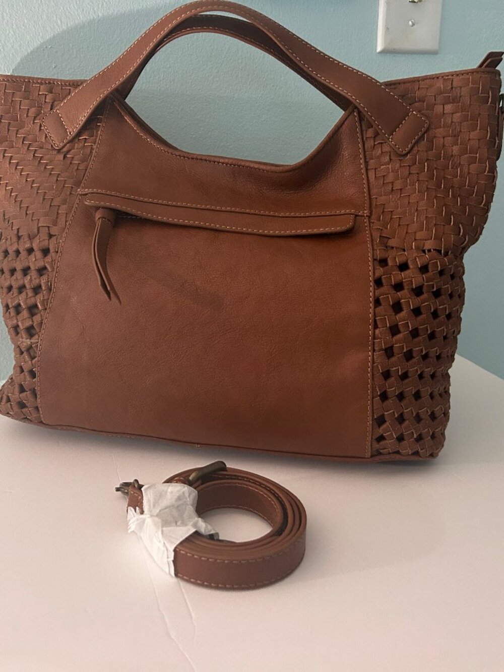 Brown Genuine Leather Woven Tote Satchel Shoulder Bag